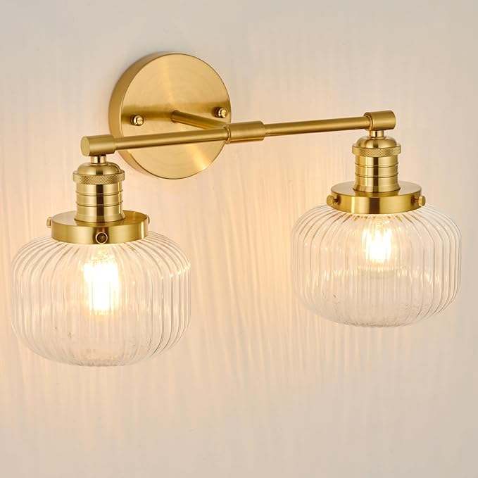 2-Lights Gold Bathroom Vanity Light, Industrial Hardwired Double Sconce Over Mirror with Clear Ribbed Globe Glass Shades, E26 Base Light Fixture for Bathroom Bedroom Hallway Farmhouse Decor