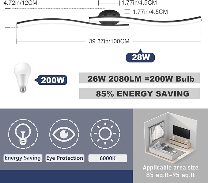 39.37Inch Linear Ceiling Light 6000K Black Modern Ceiling Light Fixture 28W Long Flush Mount Ceiling Lamp for Hallway, Kitchen, Bedroom, Dining Room