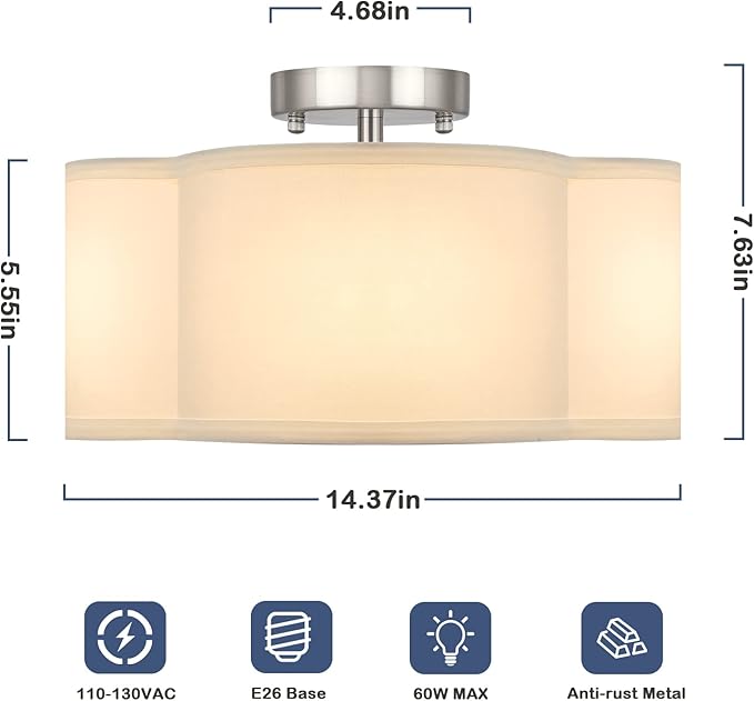 4-Light Semi Flush Mount Ceiling Light Fixture, Silver Modern Close to Ceiling Lamp with White Fabric Shade, Contemporary Bright Lighting for Nursery Kids Baby Room Kitchen Bedroom Hallway Entryway