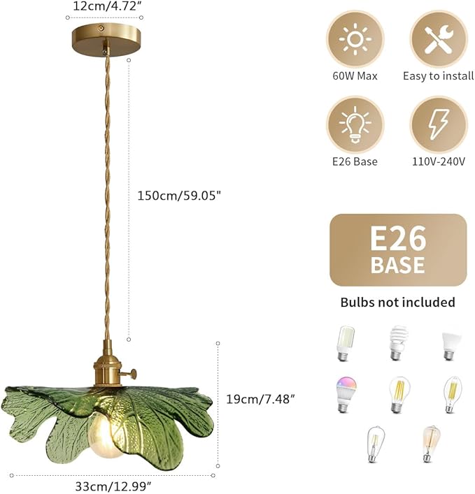 Vintage Pendant Lights Green Glass Pendant Lighting Kitchen Island Hand Blown 1-Light Brass Pendant Light Farmhouse Hanging Light fixtures with Glass Shade for Dining Room Bedroom