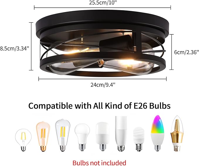 Farmhouse Flush Mount Ceiling Light Black Ceiling Light Fixtures 2 Pack Industrial Flush Mount Ceiling Light for Hallway, Kitchen, Foyer, Bedroom Living Room Laundry