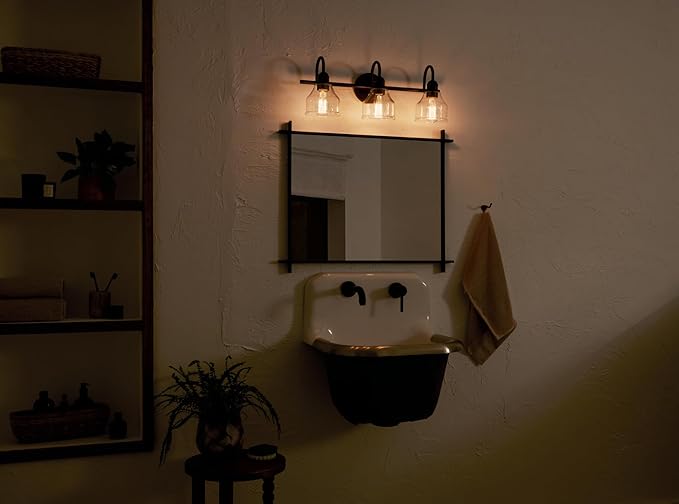 Kichler Avery 24" 3-Light Bathroom Vanity Light Fixture with Clear Seeded Glass in Black for Modern Industrial Farmhouse Style, Wall Mount Over Mirror (24" x 9.5" x 8.25"), 45973BK
