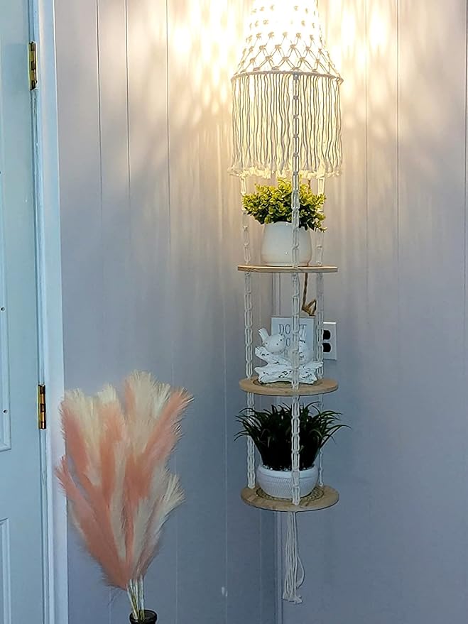 QIYIZM Boho Plug in Pendant Light,Hanging Light with Plug in Cord,Hanging Lamp Macrame Lamp Shade,Dimmable Switch,3 Tier Hanging Plant Shelf Shelves Bohemian Decor for Bedroom Living Room Corner