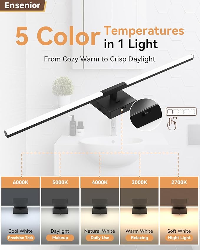 Ensenior Modern Bathroom Vanity Light 32 inch, Built-in Dimmer, 18.5W Dimmable 5CCT Led Bath Lights, Black Bar Vanity Light for Bathroom Mirror Cabinets Bedroom-FCC & ETL Certificated