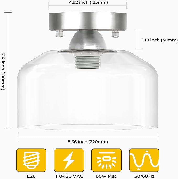 LACCEN Semi Flush Mount Ceiling Light Silver, Clear Glass Pendant Lamp Shade, Modern Farmhouse Light Fixture for Hallway Corridor Kitchen Entryway Bedroom, Bulb Not Included