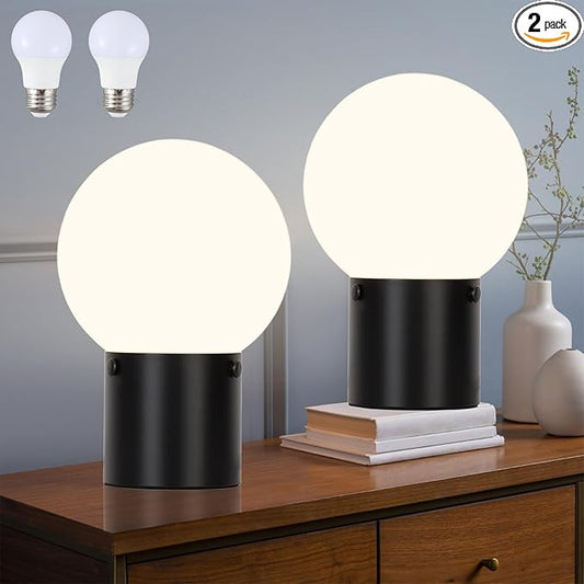 Somniferous Small Table Lamps Set of 2, Black Table Lamp with Frosted Glass Globe Shade, Mid Century Modern Bedside Lamps, Nightstand Lamps for Bedroom Living Room Dorm, 7W LED Bulb Included