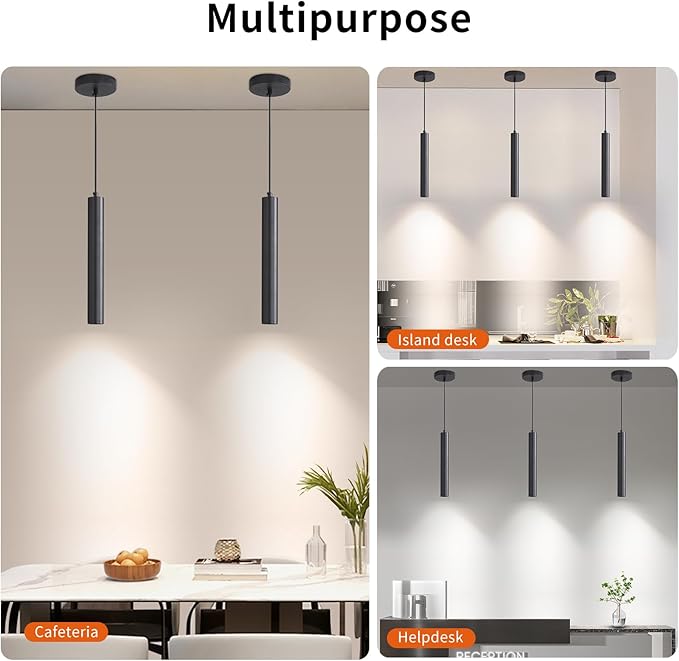 Modern LED Pendant Light for Kitchen Island, 3 Color 3000K/4500K/6500K, Black Minimalist Linear Hanging Light Fixture, 8W 800 Lumen, Mini Ceiling Chandelier for Dining Room, Bedroom, Hallway