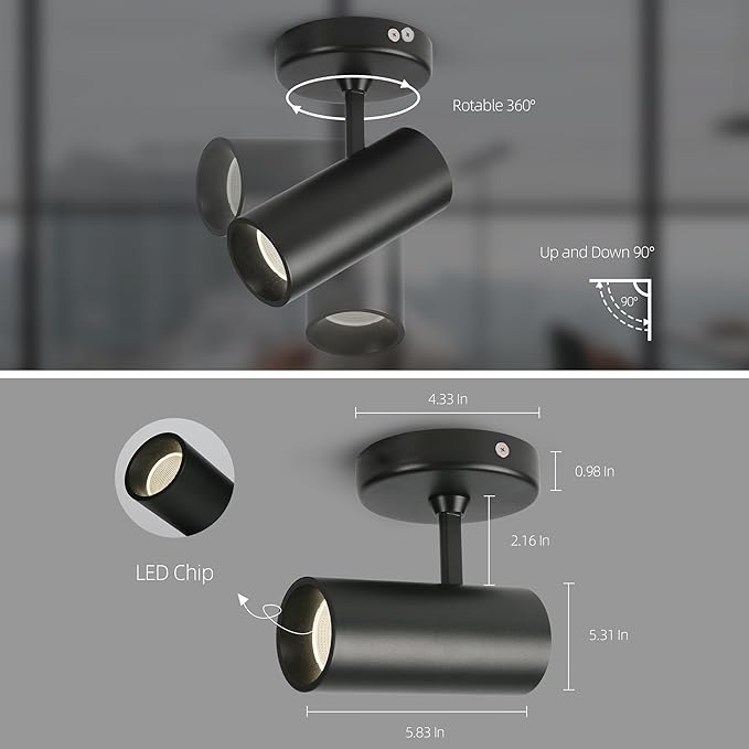 Aisilan 4 Pack 9W LED Modern Black Directional Dimmable Spotlight Indoor Adjustable 90° Anti Glare Ceiling Spot Light Lamp for Foyer Living Room Picture Artwork Lighting, Warm White 3000K, CRI 97