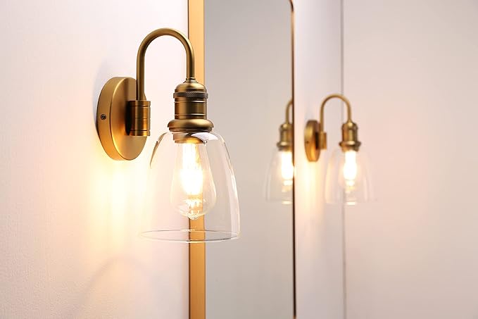 1-Light Vintage U-Shaped Wall Sconce Lamp with Cloche Clear Glass Shade, Industrial Indoor Wall Light Fixture for Bathroom Living Room Bedroom Over Kitchen Sink