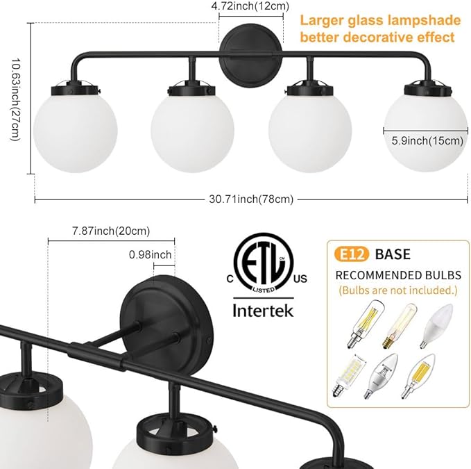 Bathroom Light Fixtures Over Mirror, 4-Light Matte Black Vanity Lighting with Milk White Glass Globe Shades Modern Wall Sconce