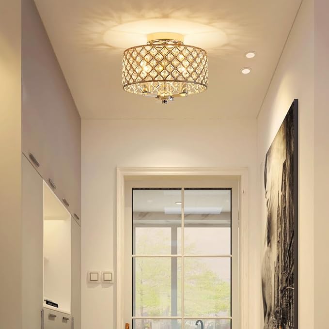 AGV LIGHTING Semi Flush Mount Ceiling Light Fixture, Chrome Ceiling Light Fixture, Siliver Crystal Ceiling Light for Kitchen, 3-Lights