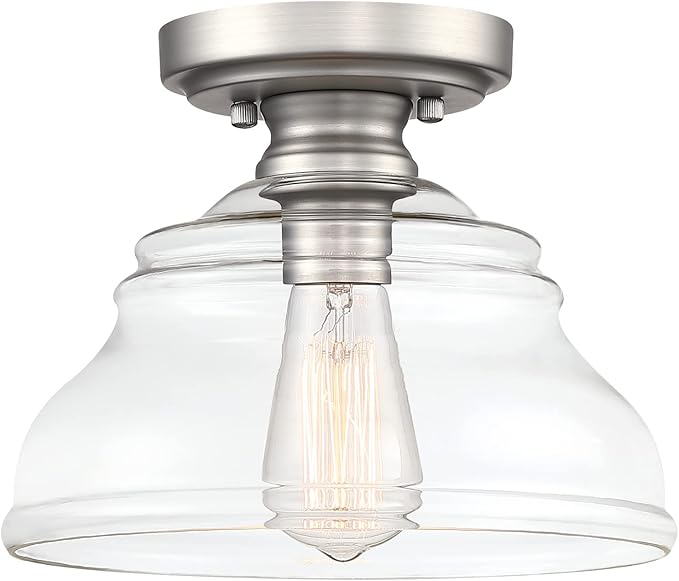 MEXO Industrial Semi Flush Mount Ceiling Light, Modern Clear Glass Shade Ceiling Light Fixture Farmhouse Close to Ceiling Lights in Satin Nickel for Hallway Bedroom, Kitchen Entryway Porch