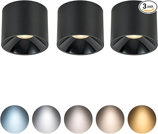 12W Dimmable LED Ceiling Spot Lights Indoor, 5CCT 2700K-6000K Selectable,CRI 95+ 4.72 inch Black Aluminum Matte Cylinder Spotlight Modern Minimalist Focus Ceiling Downlight Fixtures, 3 Pack