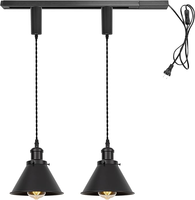 1x Plug in Cable Track Rail, 2X Adjustable Cord Black Track Lighting Fixtures H-Type Vintage Design for Kitchen Loft(No Bulb)