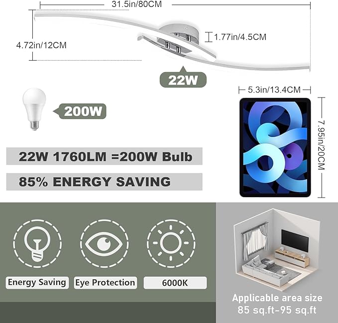 31.4Inch Modern LED Ceiling Light 22W Chrome Linear Ceiling Light Fixture 6000K Aluminum Long Flush Mount Ceiling Lights Fixture Lamp for Bedroom Hallway Kitchen Bathroom