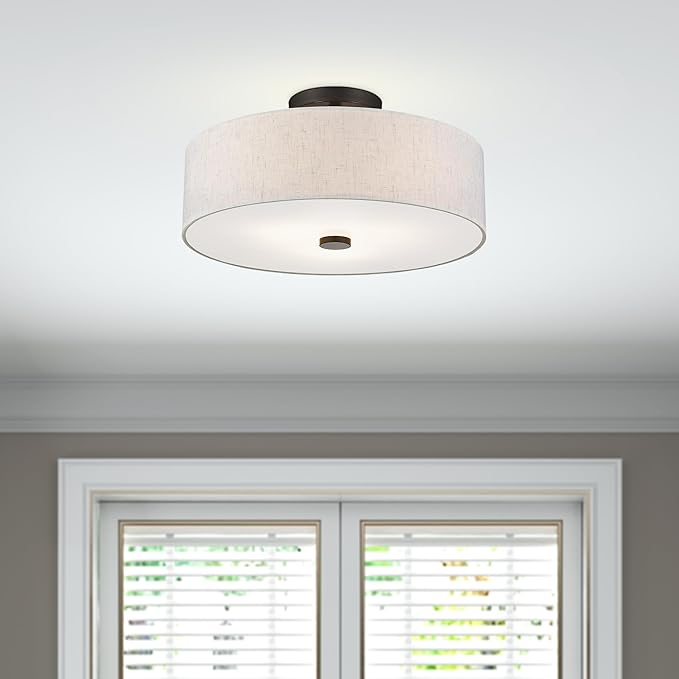 Livex Lighting 52135-92 Meridian Collection 3-Light Semi Flush Mount Ceiling Fixture with Oatmeal Color Fabric Hardback Drum Shade and Satin White Diffuser, English Bronze