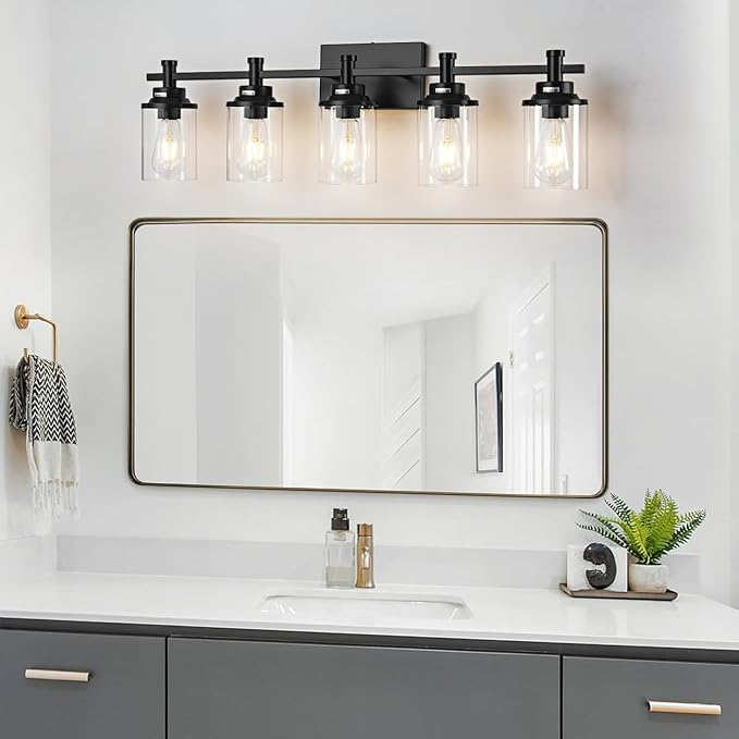 5-Light Black Bathroom Vanity Light, Modern Wall Sconces Over Mirror with Clear Glass Shade