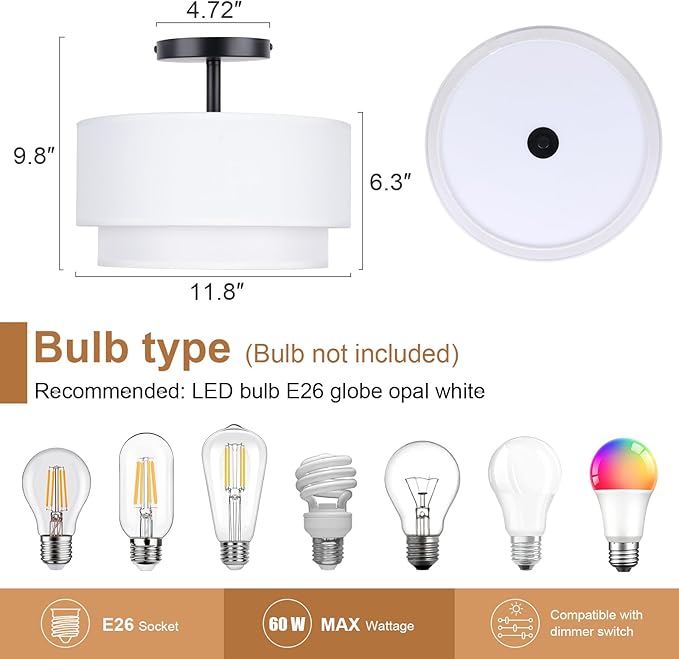 FRIDEKO HOME Semi Flush Mount Ceiling Light - Double Drum 3-Light Ceiling Light Fixture Farmhouse Chandelier with White 2-Layer Classic Fabric Linen Shade Design for Living Room, Bedroom, Kitchen