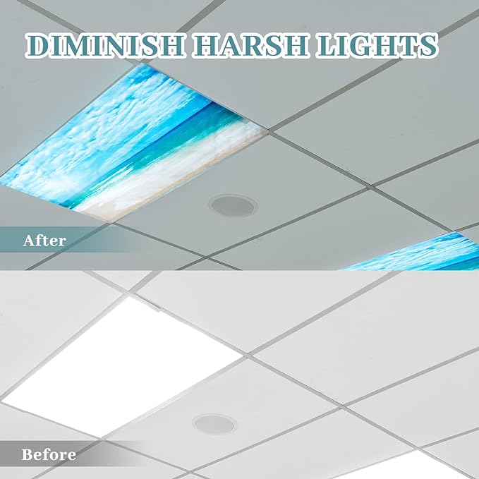 Hortsun 12 Pcs Fluorescent Light Covers Bulk, 4 x 2 ft Magnetic Fluorescent Drop Ceiling Lighting Covers Light Filter Shade for Home, Office, Hospital, School Classroom Decoration(Beach in Sunny Day)