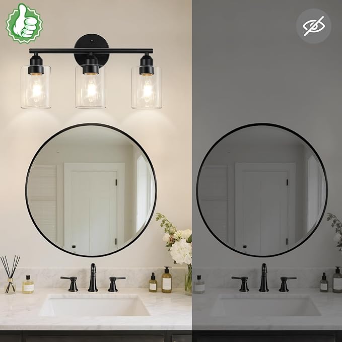 3-Light Bathroom Light Fixtures, 17.3" Black Modern Vanity Light for Bathroom Mirror, Glass Shade, Kitchen, Living Room, Bath, Metal