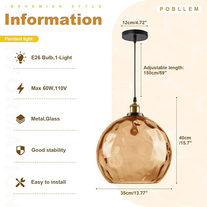 Vintage Amber Pendant Lighting, 13.8" Large Glass Pendant Light with Hammered Globe Shade, Modern Farmhouse Black and Gold Pendant Hanging Light Fixture for Kitchen Island Dining Room Bedroom