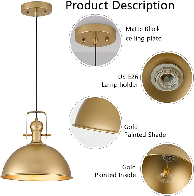 12 Inch Gold Farmhouse Pendant Lights Matte Pendant Lights for Kitchen Island Industrial Adjustable Height Vintage Dome Hanging Light Fixtures for Barn, Dining Room 1 Pack