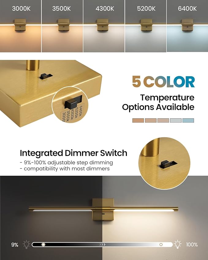 Gold Vanity Light Fixtures for Bathroom Over Mirror 30 inch LED Bath Sconces IP44 5CCT Adjustable Morden Picture Lights for Paintings (Built-in Dimmer)
