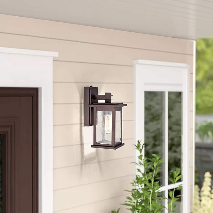MICSIU 12.25" Dusk to Dawn Outdoor Wall Light, 100W Max Anti-Rust Bronze Exterior Sconce, Seedy Glass 12-Inch Vintage Farm Look Porch Light for Front Door, Garage, Patio