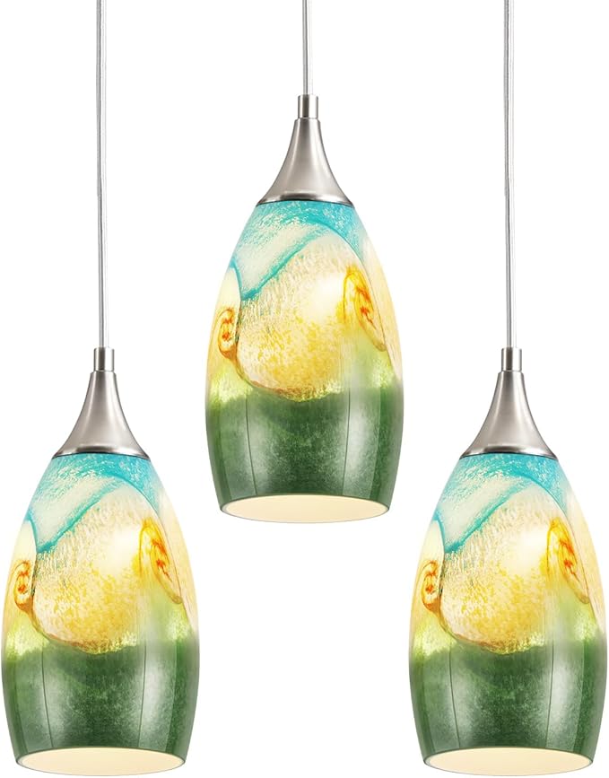GLADFRESIT Coastal Harmony Pendant Light for Kitchen Islands – Nature's Canvas with Grassland, Beach, and Wave-Inspired Shades, Pack of 3 for Dining Room, Entryway (Bulb Excluded)