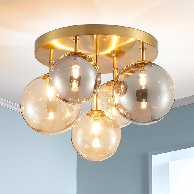 Shrine Lighting Gold Bubble Glass Ceiling Light, Flush Mount Ceiling Light for Living Room, D14'' x H12'', G9*4 Sockets, Globe Glass Shade & Gold Finish Frame