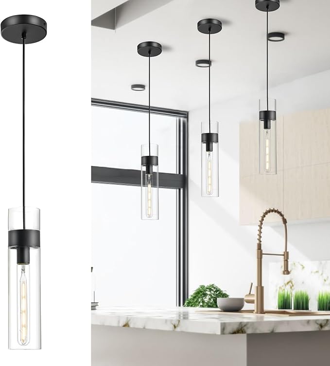 Black Pendant Lights Kitchen Island (Bulb Included), Adjustable Modern Glass Pendant Light Over Island, Industrial Pendant Light Fixtures for Dining Room Hallway Bedroom Living Room