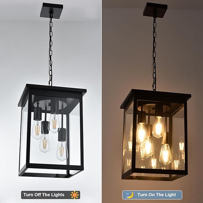 Yaohong Large Outdoor Pendant Lights for Porch, 4-Lights Black Exterior Pendant Light with Clear Glass, Outdoor Porch Light Ceiling Mount Outdoor Hanging Light Fixture for Gazebo, Patio, Entryway
