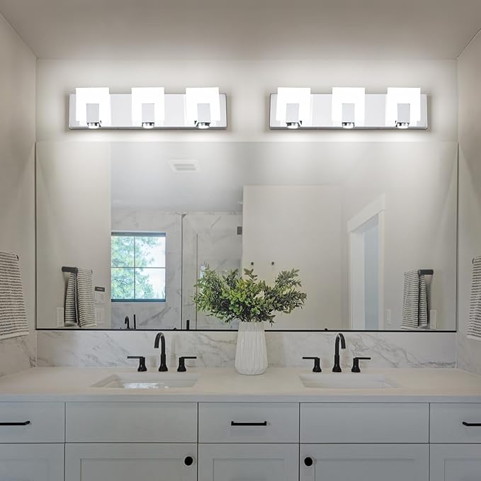 SOLFART Bathroom Lighting Fixtures Over Mirror Chrome 3 Light Bathroom Vanity Light Dimmable LED Lights Stainless Steel Acrylic