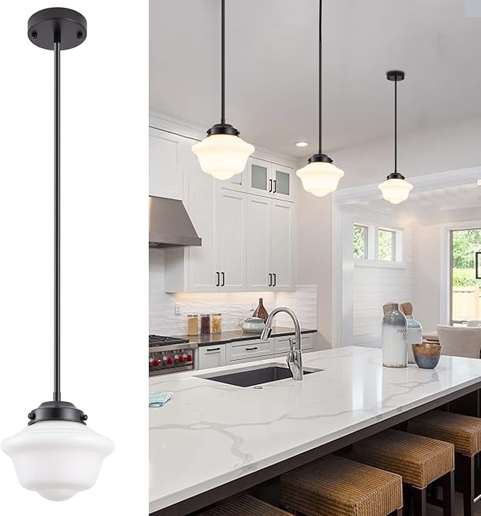 Set of 3 Schoolhouse Pendant Light, 8" Farmhouse Black Pendant Light Ceiling, Milk Glass Lamp, Modern Black Kitchen Over Island for Dinning Room Living Room