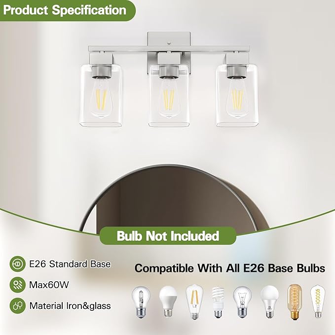 Espird Brush Nickel Bathroom Vanity Light - 3 Light Bathroom Light Fixture Square Design & UL Certification & Square Bath Room Lights Fixture Over Mirror