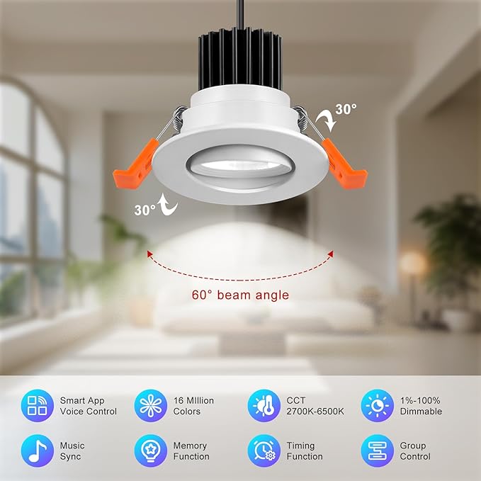 2 Inch Smart Recessed Lighting, 5W WiFi Dimmable LED Downlight, RGB Color Changing & CCT 2700K–6500K, Compatible with Alexa & Google Home, LED Recessed Ceiling Light with Driver (1 Pack)