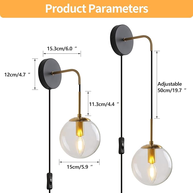 KUZZULL Wall Sconces Set of Two Black and Brass Plug in Wall Sconces Set of 2 with Globe Clear Glass Shade Wall Lights Wall Lamps for Bedrooms Sconces Wall Decor Set of 2 with Plug in Cord Switch