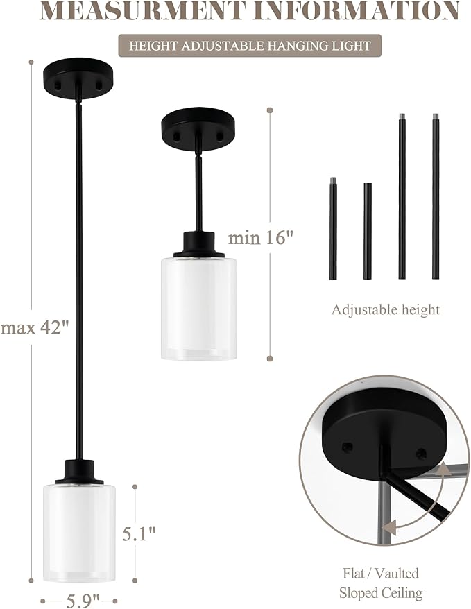 1-Light Mini Pendant Light Fixtures, 3-Pack Modern Hanging Ceiling Lighting, Adjustable Height, Black Pendant Lamp with Dual Glass for Kitchen Island Bedroom