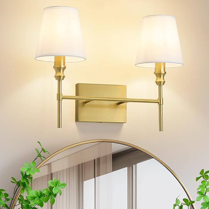 Bathroom Light Fixtures Over Mirror,Brush Brass Vintage Wall Sconces, 2-Light Bathroom Vanity Light With Flared White Fabric Lampshade For Bedroom,Living Room,Hallway,Foyer,Hardwired, E12 Base