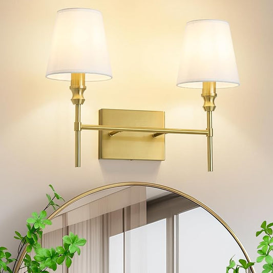 Bathroom Light Fixtures Over Mirror,Brush Brass Vintage Wall Sconces, 2-Light Bathroom Vanity Light With Flared White Fabric Lampshade For Bedroom,Living Room,Hallway,Foyer,Hardwired, E12 Base