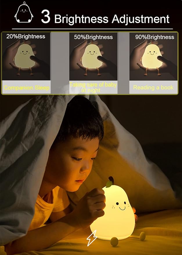 HAPPYBAG Cute Silicone Night Light for Kids,Dimmable Nursery Pear Lamps,Kawaii Room Decor Fruit Night Light Bedside Lamp for Baby and Toddler