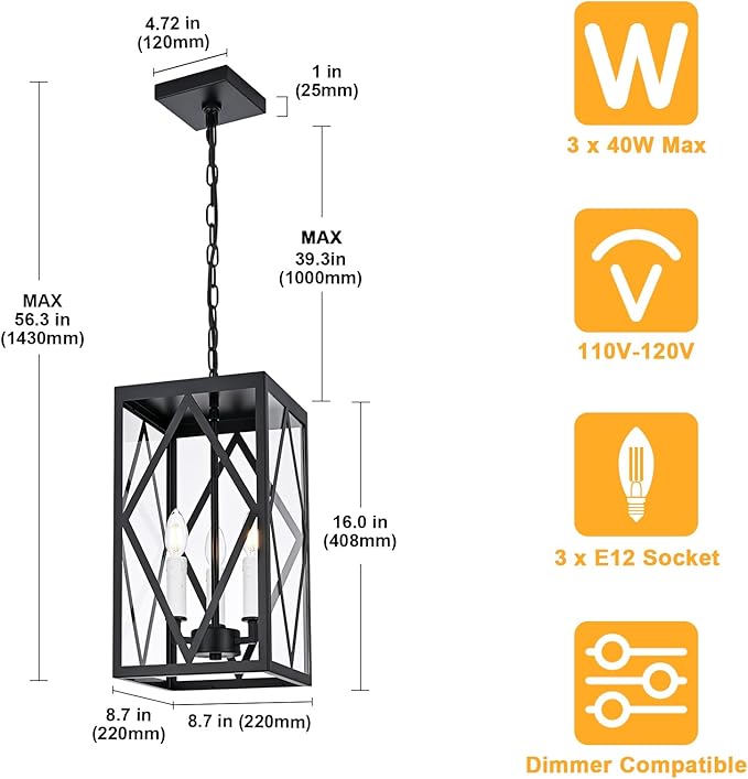 3 Lights Outdoor Pendant Light for Porch, Black & White Exterior Hanging Light Fixture with Clear Glass, Industrial Metal Cage Outside Chandelier Pendant for Porch Entryway Front Door Doorway
