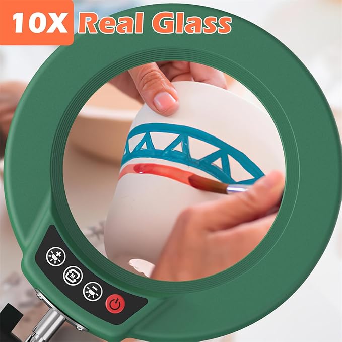 10X Magnifying Glass with Light and Stand, Real Glass Lens Desk Lamp, Lighted Magnifier with Light Stepless Dimming Hands Free for Craft, Reading, Painting, Sewing, Solder - Green