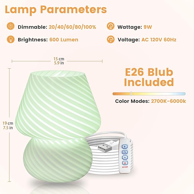 ULAROOM USB Plug-in Mushroom Lamp Small Bedside Table Lamp with 3 Temperature LED Bulb,Free Dimming Nights Light for Bedroom/Living Room/Entryway/Corner Decor (Stripe Green)