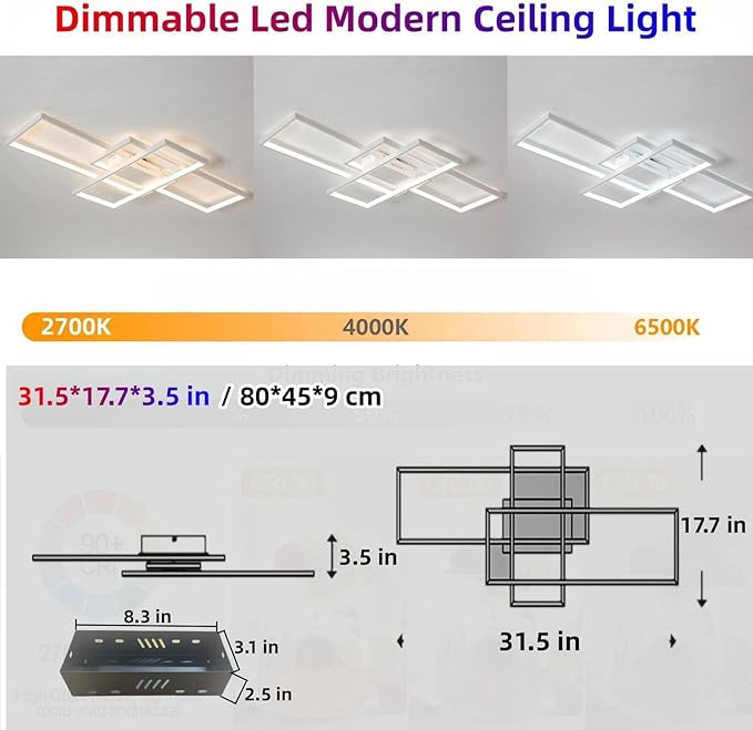 Modern Dimmable LED Ceiling Light Fixture,With remote control 3 Color Selectable Flush Mount Ceiling Lamp Ceiling Lights for sitting room Kitchen Bedroom Hallway Porch (White,31.5*17.7*3.5 IN)