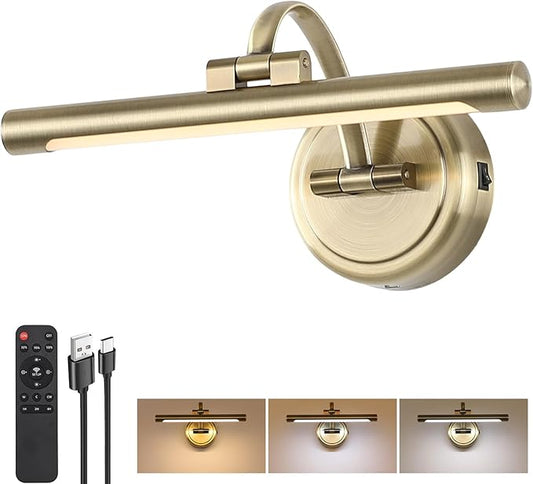 Picture Light for Wall,Battery Operated Art Lights for Painting,3 Color and Brightness, Adjustable Wireless Portrait Lights with Remote for Artwork,Bookcase,Photo Frames(Antique Bronze, 12inch)