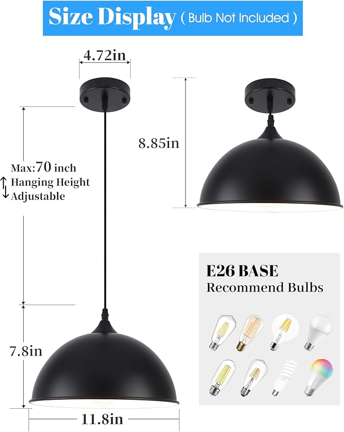Black Farmhouse Pendant Light with Adjustable Cord - 11.8 Inch Dome Pendant for Kitchen Island, Dining Room, Bar, Foyer, Hallway