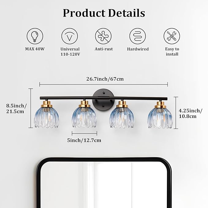 TALOYA Bathroom Vanity Light Fixtures, 4-Light Black and Gold Wall Lights for Mirror with Gradient Blue Tulip Glass Shades, Over Sink Lighting for Bedroom, Living Room, Hallway,Farmhouse
