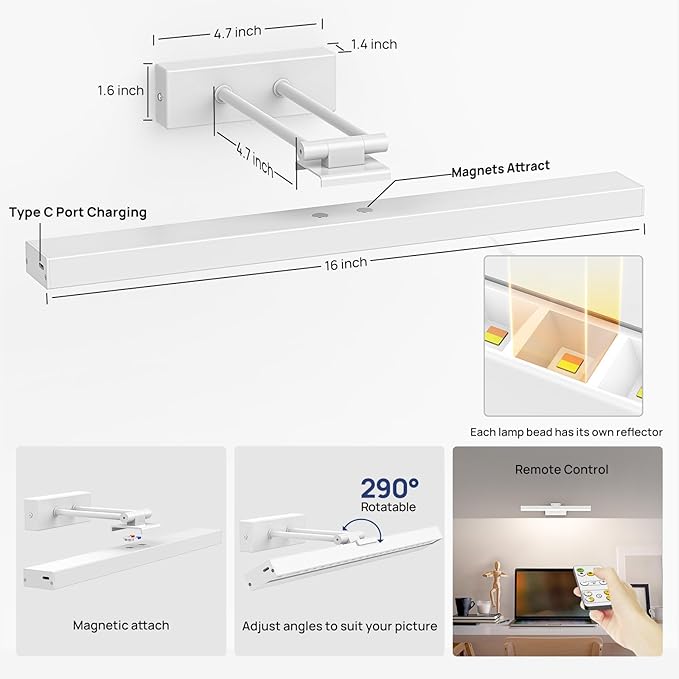 PESUTEN Picture Light Battery Operated, 16in Wireless Art Light for Paintings CCT Dimmable Recharging Battery Picture Light with Remote Control for Gallery Dartboard Art Bedroom Bathroom 2pcs White