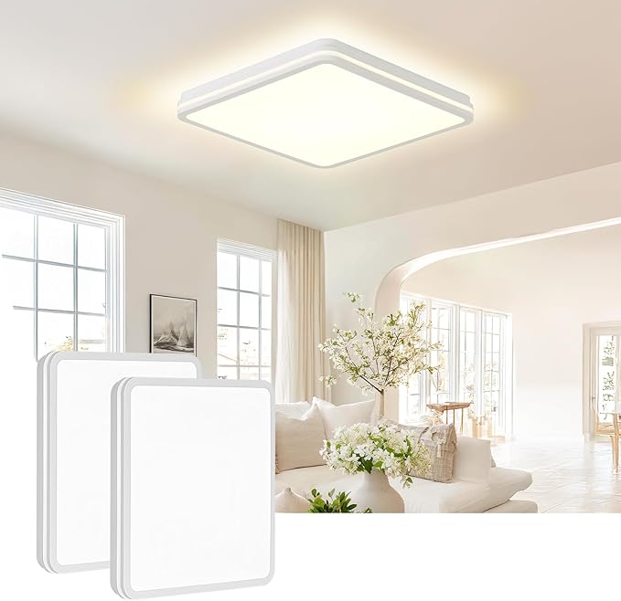 2PK 18 Inch LED Flush Mount Ceiling Light, White Ceiling Light Fixture with Side Light, 50W,4500LM, 2700K/4000K/6000K CCT Selectable, Square Lamp for Bathroom, Closet, Kitchen, Hallway, Bathroom